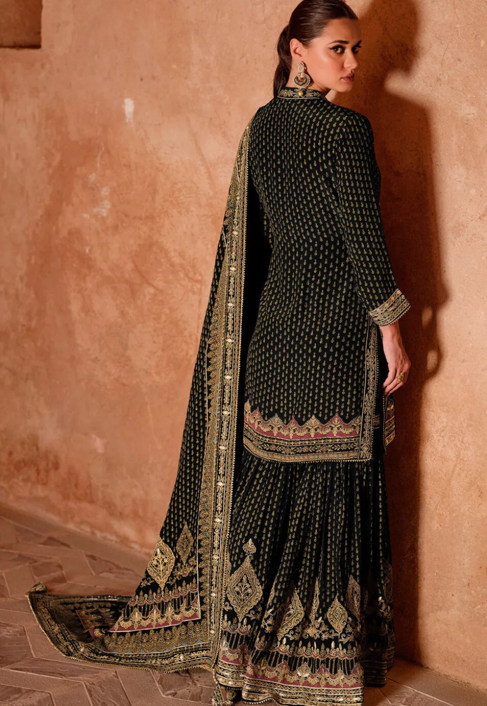 Digital Printed Crepe Pakistani Suit in Black