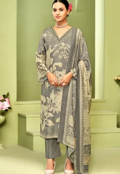 Digital Printed Crepe Pakistani Suit in Grey