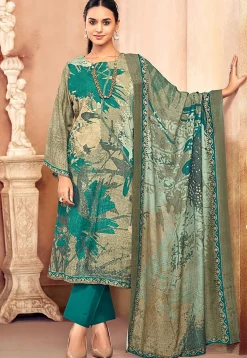 Digital Printed Crepe Pakistani Suit in Beige and Blue