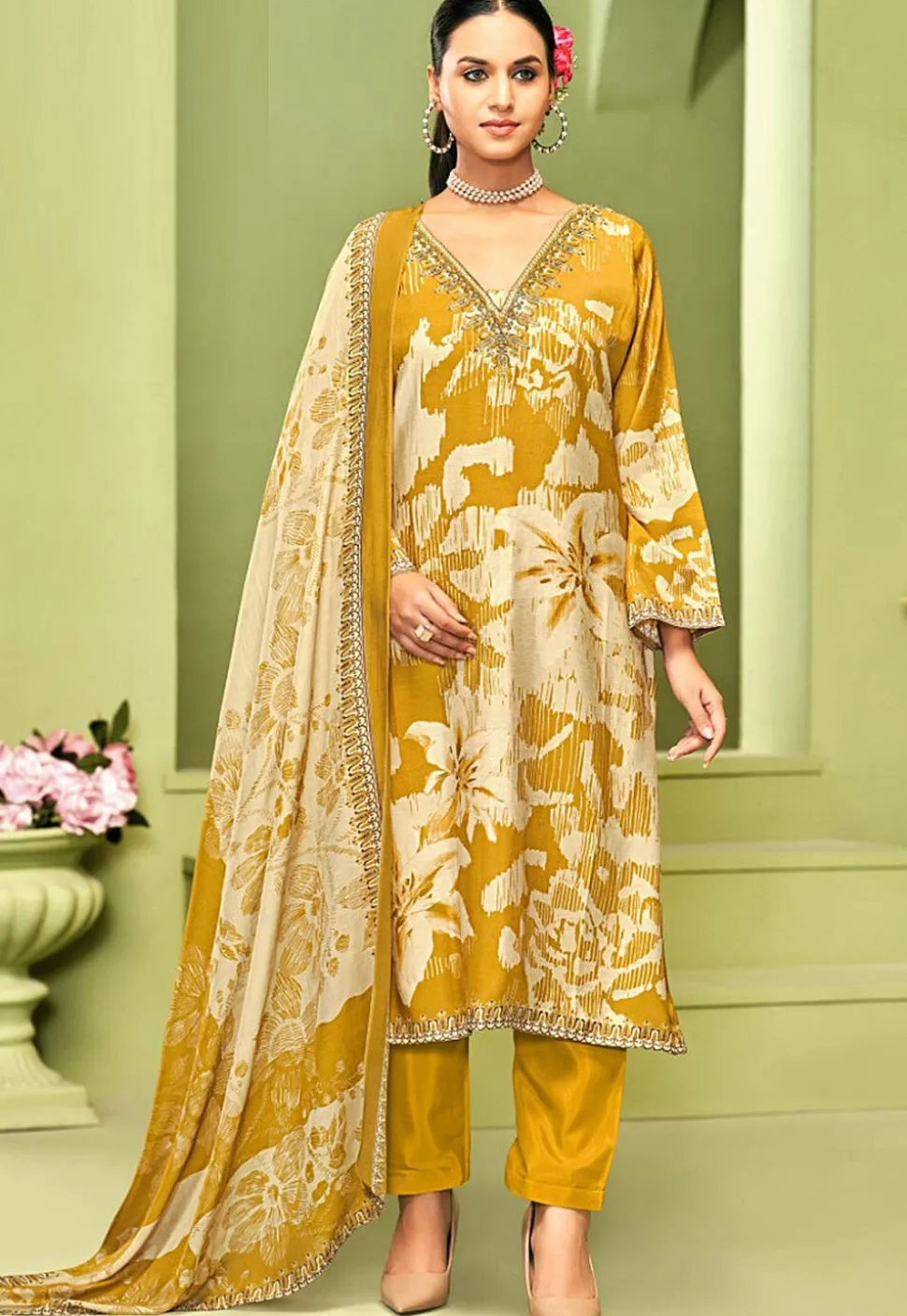 Digital Printed Crepe Pakistani Suit in Mustard