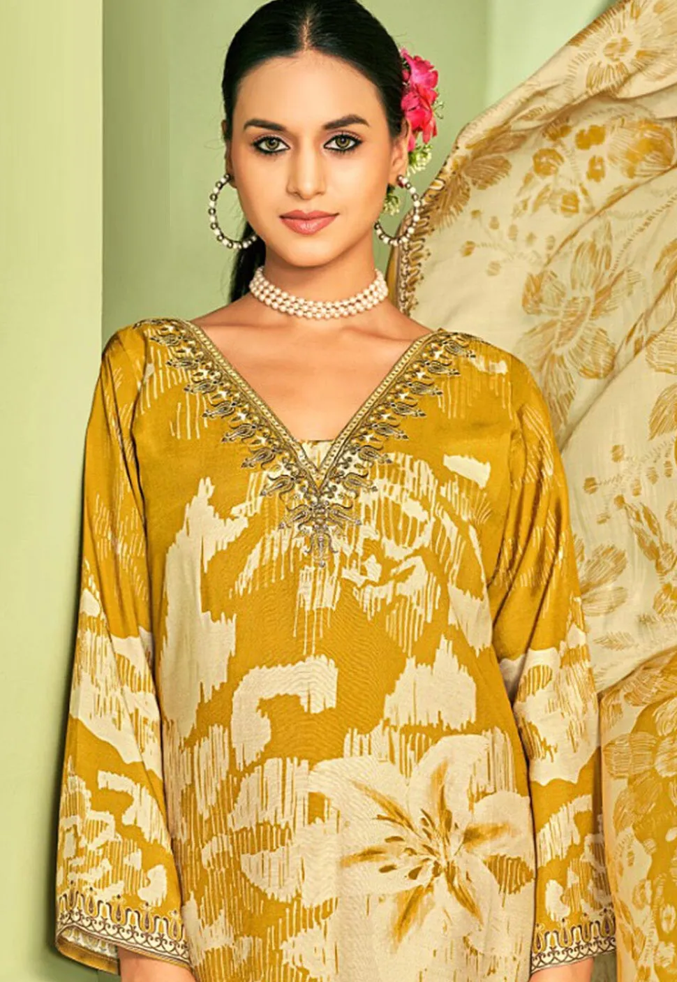 Digital Printed Crepe Pakistani Suit in Mustard