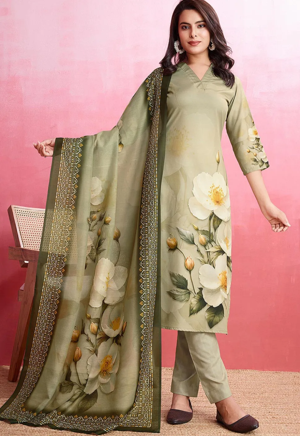 Digital Printed Crepe Pakistani Suit in Dark Olive Green
