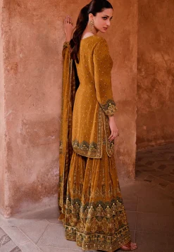 Digital Printed Crepe Pakistani Suit in Mustard