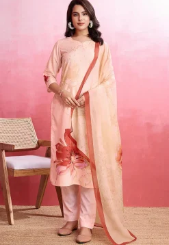 Digital Printed Crepe Pakistani Suit in Peach
