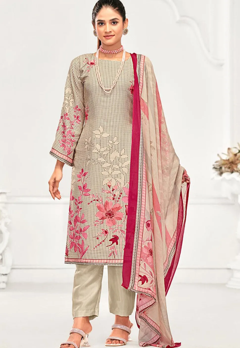 Digital Printed Crepe Pakistani Suit in Cream