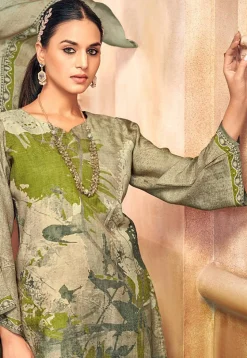 Digital Printed Crepe Pakistani Suit in Dusty Green