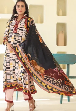 Digital Printed Crepe Pakistani Suit in Light Beige