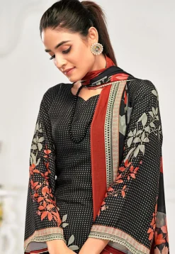 Digital Printed Crepe Pakistani Suit in Black