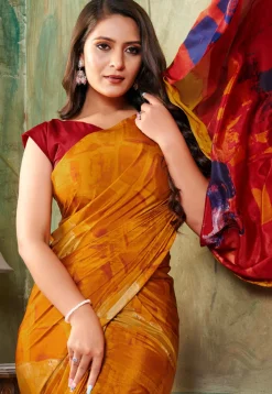 Digital Printed Crepe Saree in Mustard and Red