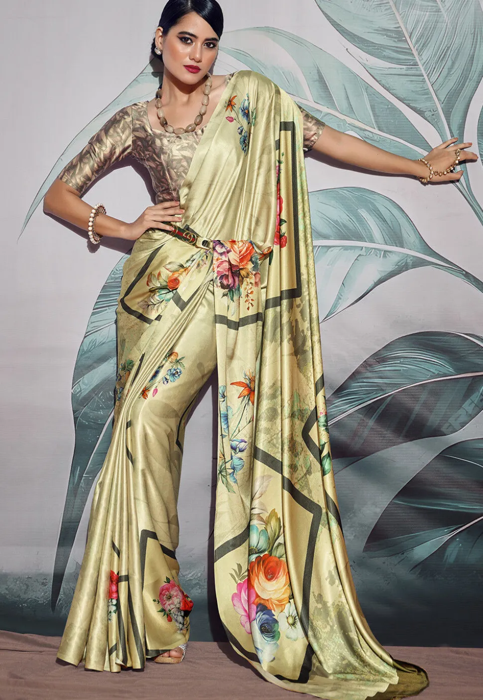 Digital Printed Crepe Saree in Light Green