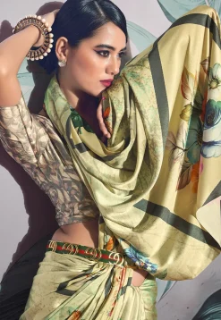 Digital Printed Crepe Saree in Light Green