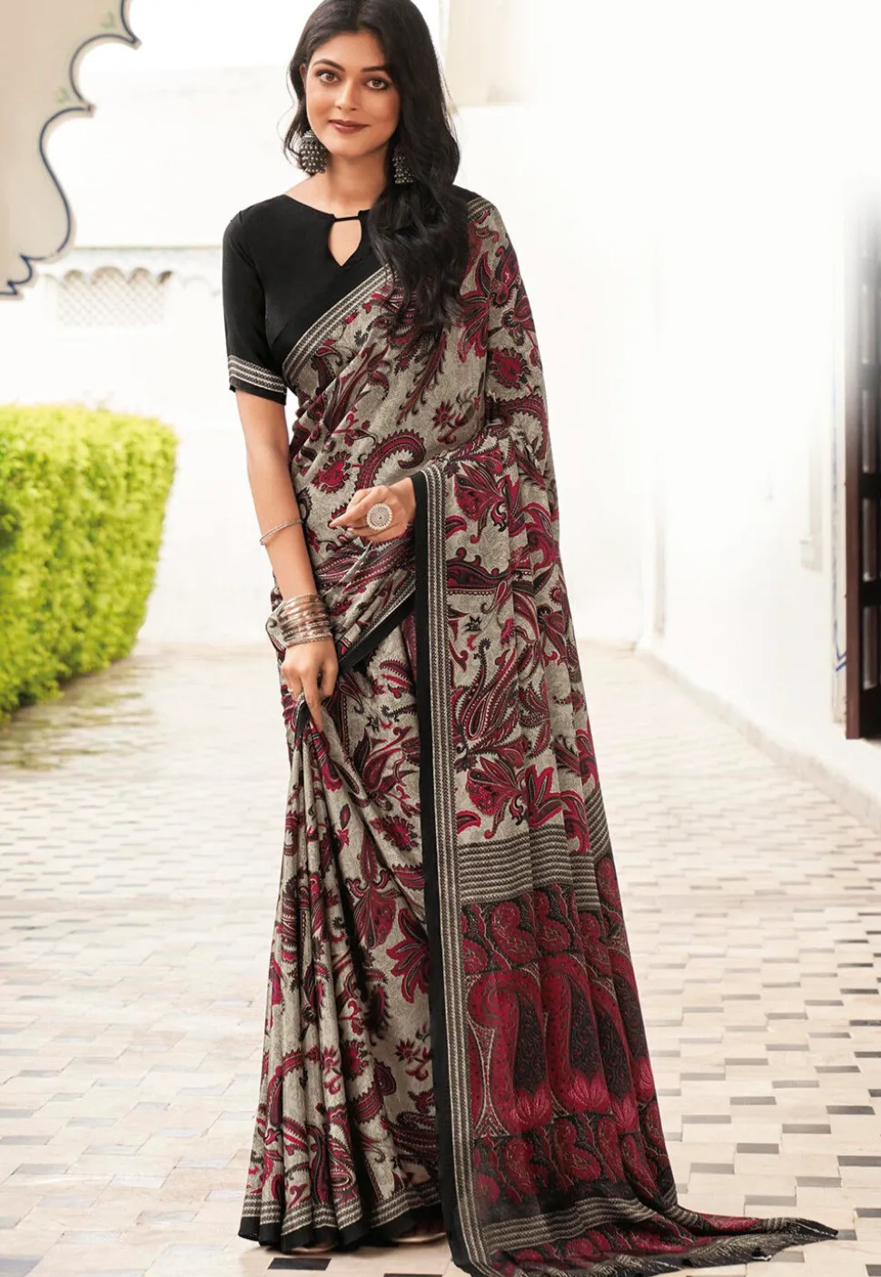 Digital Printed Crepe Saree in Grey