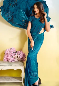 Digital Printed Crepe Saree in Teal Blue