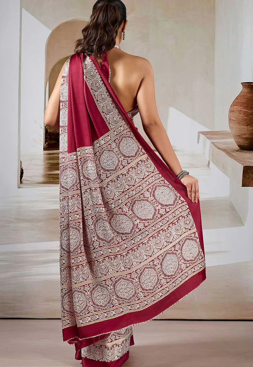 Digital Printed Crepe Saree in Maroon