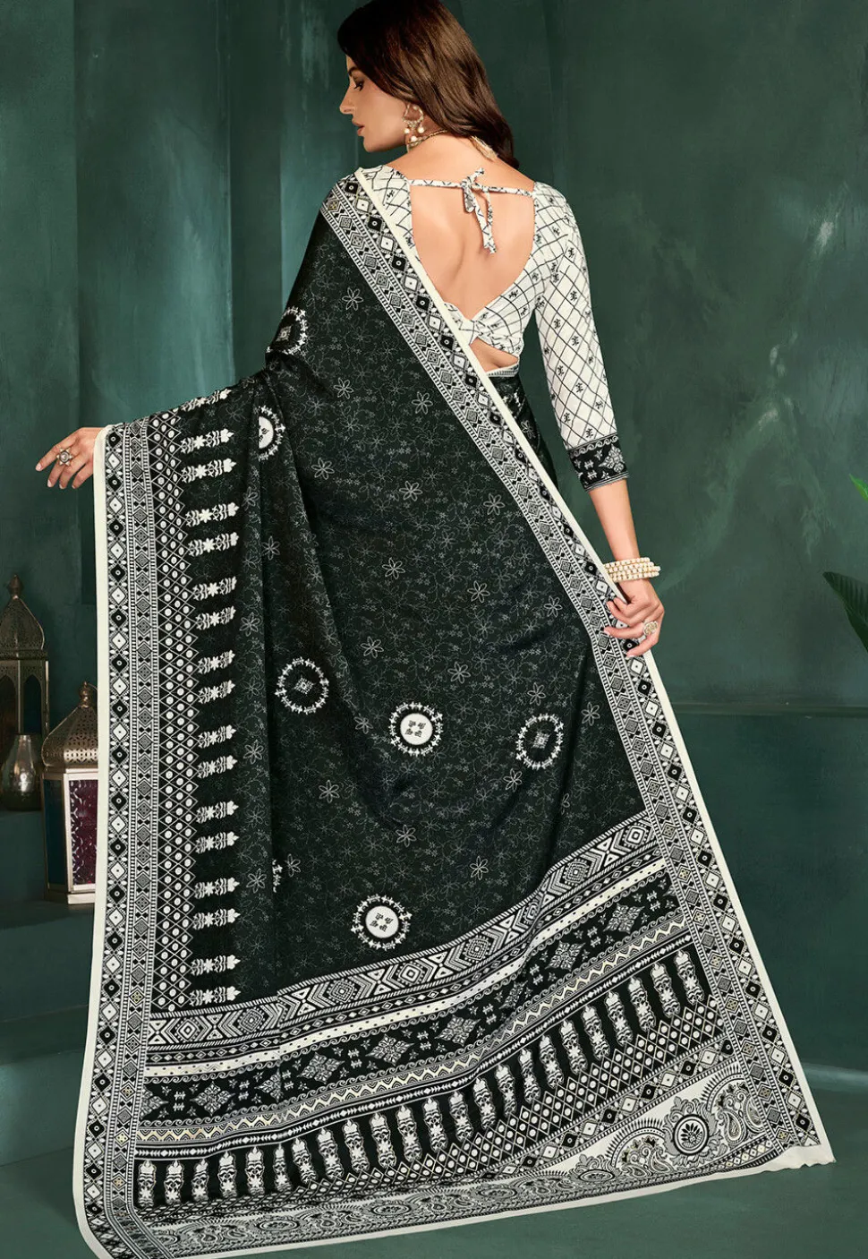Digital Printed Crepe Saree in Black