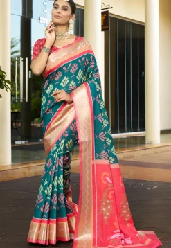 Digital Printed Crepe Saree in Teal Green