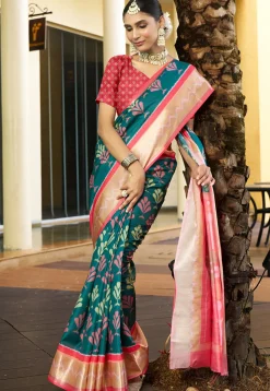 Digital Printed Crepe Saree in Teal Green