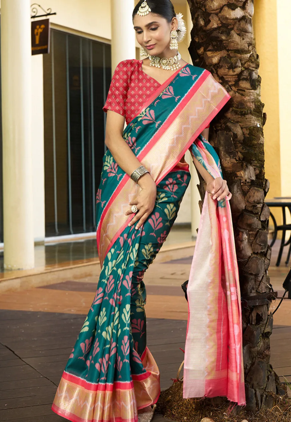 Digital Printed Crepe Saree in Teal Green