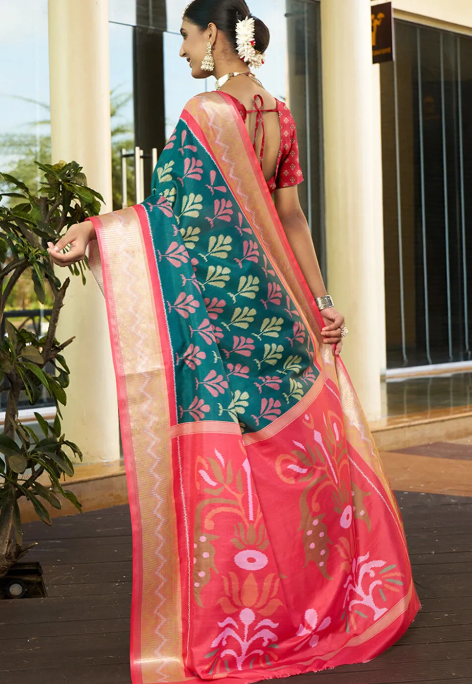 Digital Printed Crepe Saree in Teal Green