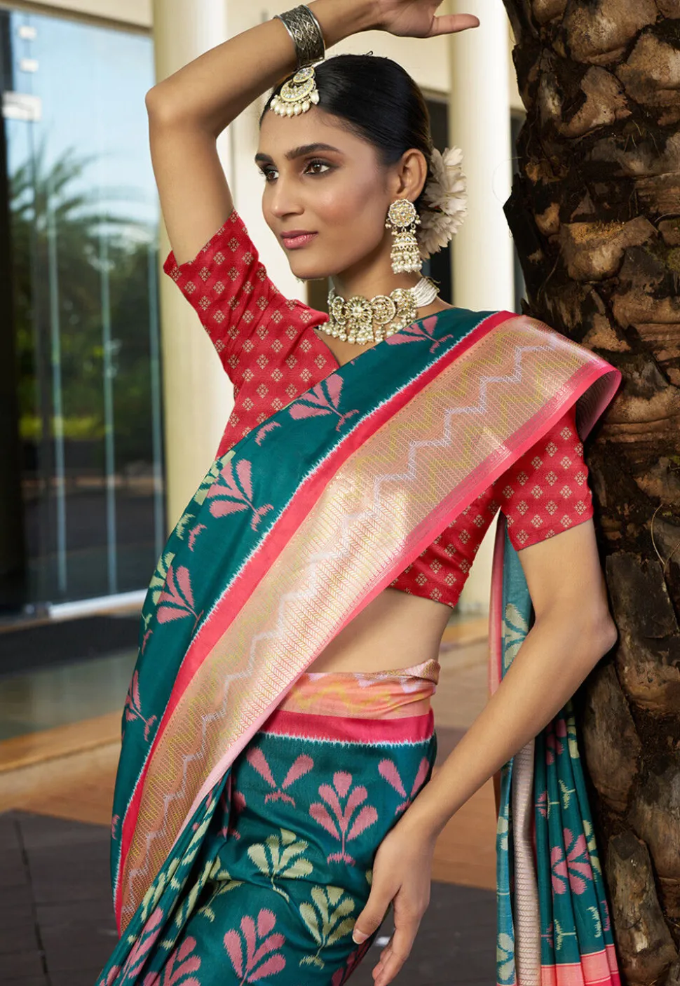 Digital Printed Crepe Saree in Teal Green