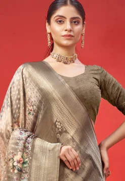 Digital Printed Crepe Saree in Fawn