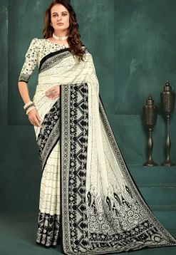 Digital Printed Crepe Saree in Off White
