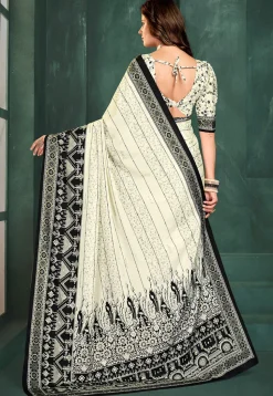 Digital Printed Crepe Saree in Off White