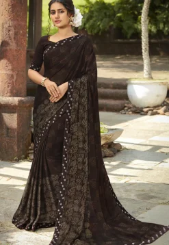 Digital Printed Crepe Saree in Brown