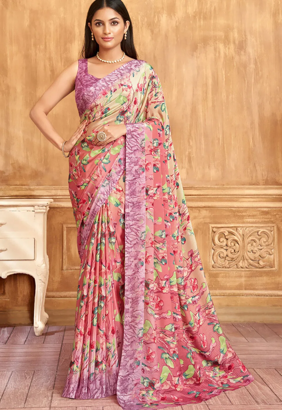 Digital Printed Crepe Saree in Peach
