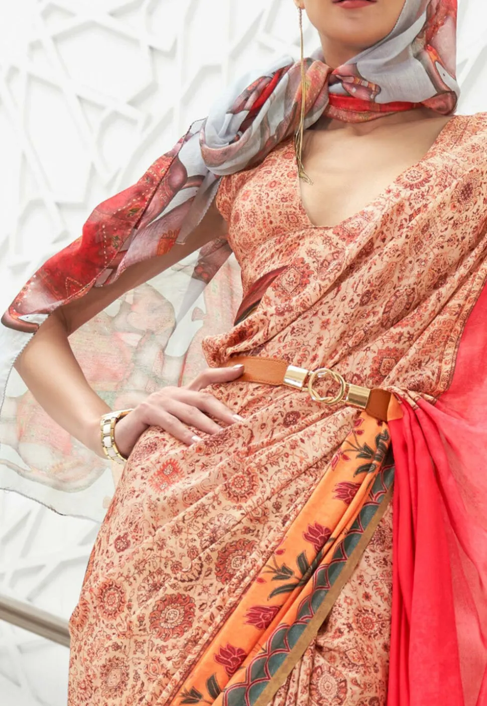 Digital Printed Crepe Saree in Peach