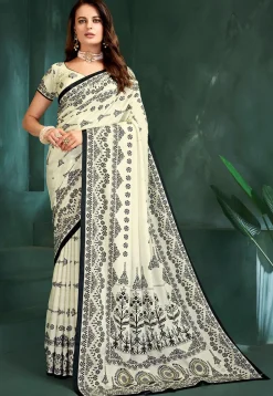 Digital Printed Crepe Saree in Off White