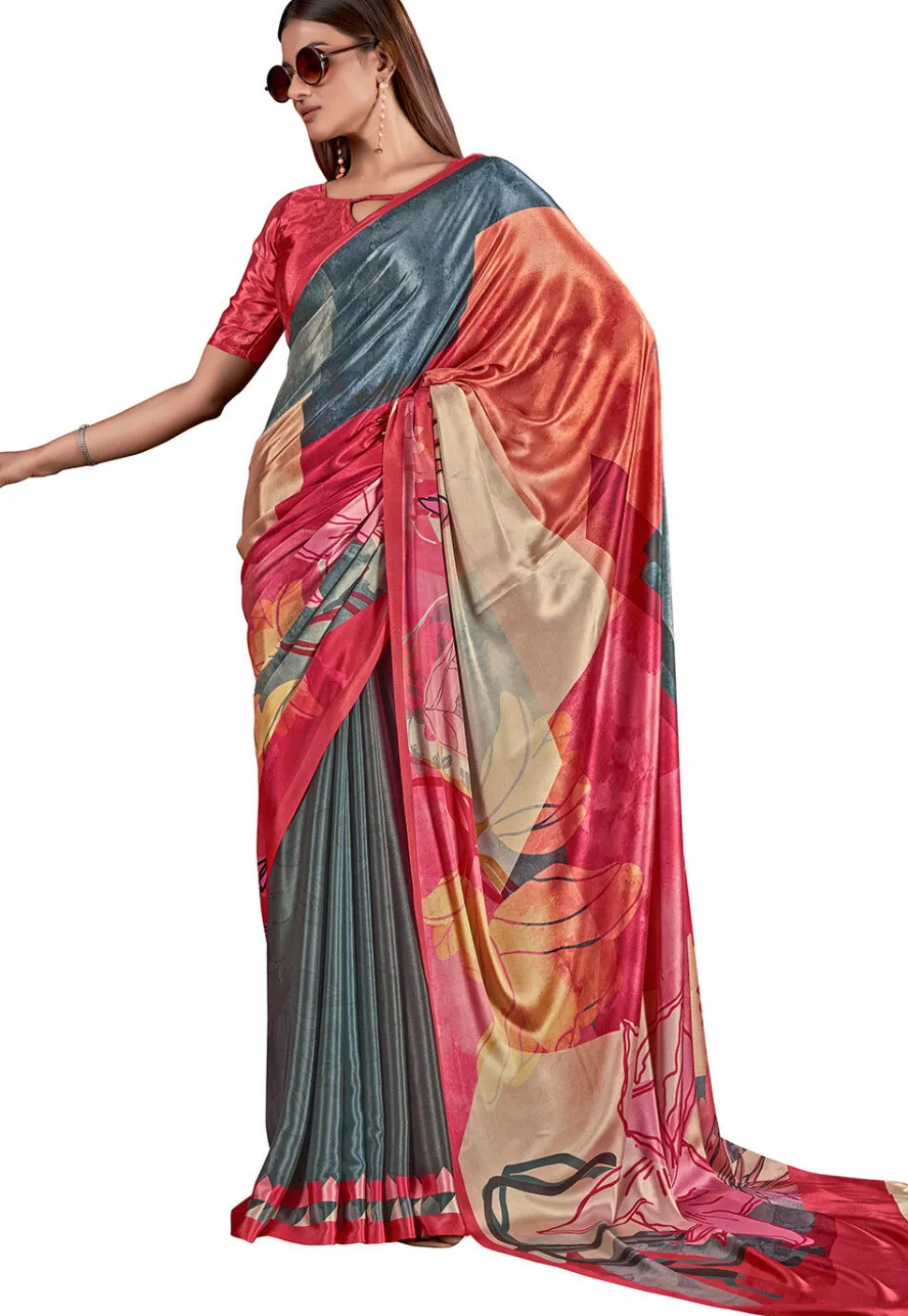 Digital Printed Crepe Saree in Grey and Pink