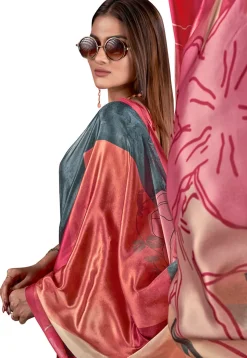 Digital Printed Crepe Saree in Grey and Pink