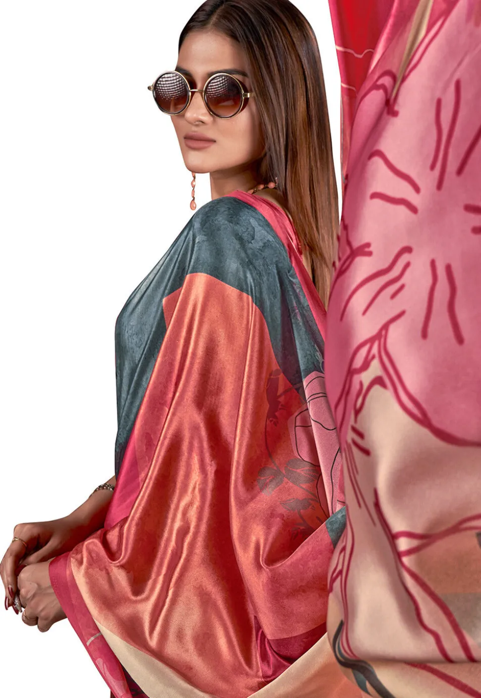 Digital Printed Crepe Saree in Grey and Pink