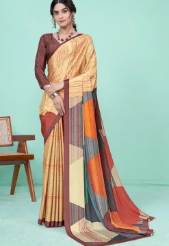Digital Printed Crepe Saree in Beige