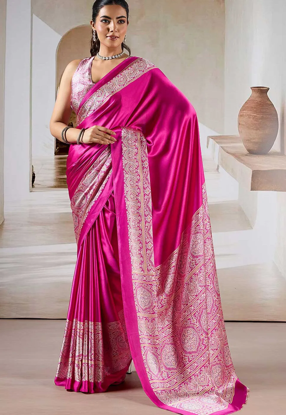 Digital Printed Crepe Saree in Fuchsia