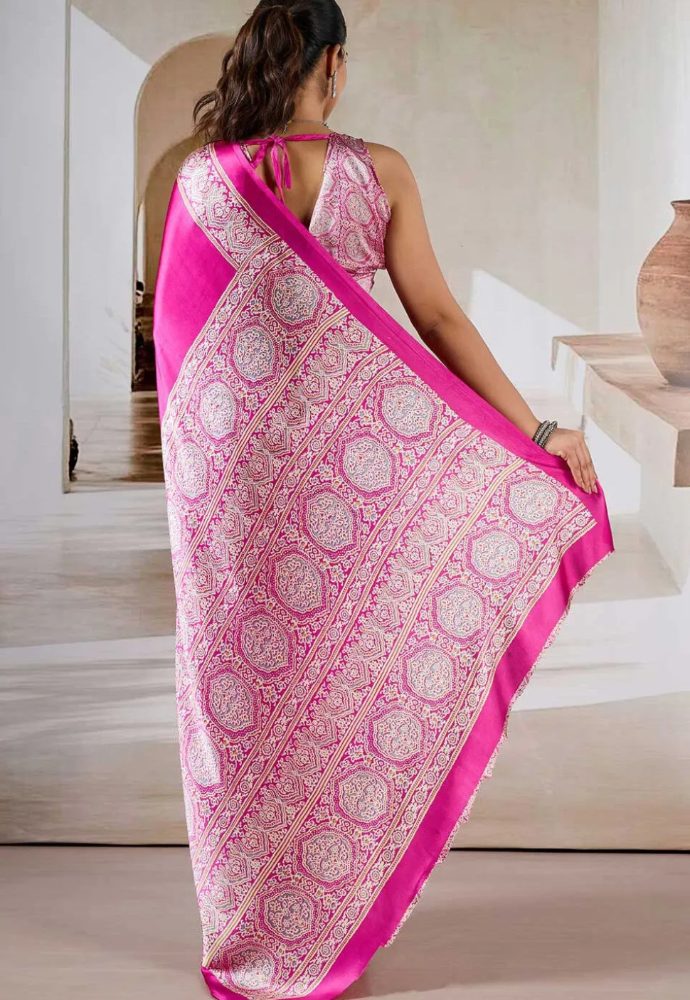 Digital Printed Crepe Saree in Fuchsia