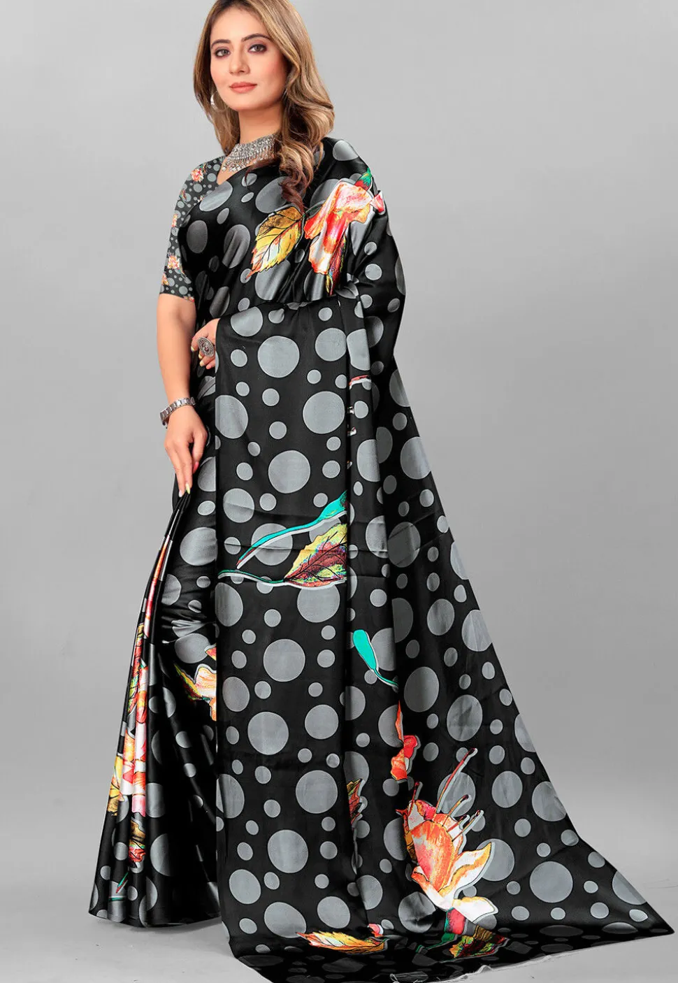 Digital Printed Crepe Saree in Black