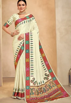 Digital Printed Crepe Saree in Cream
