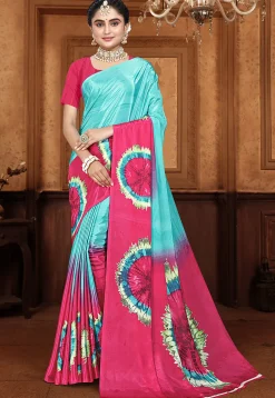 Digital Printed Crepe Saree in Sky Blue and Pink