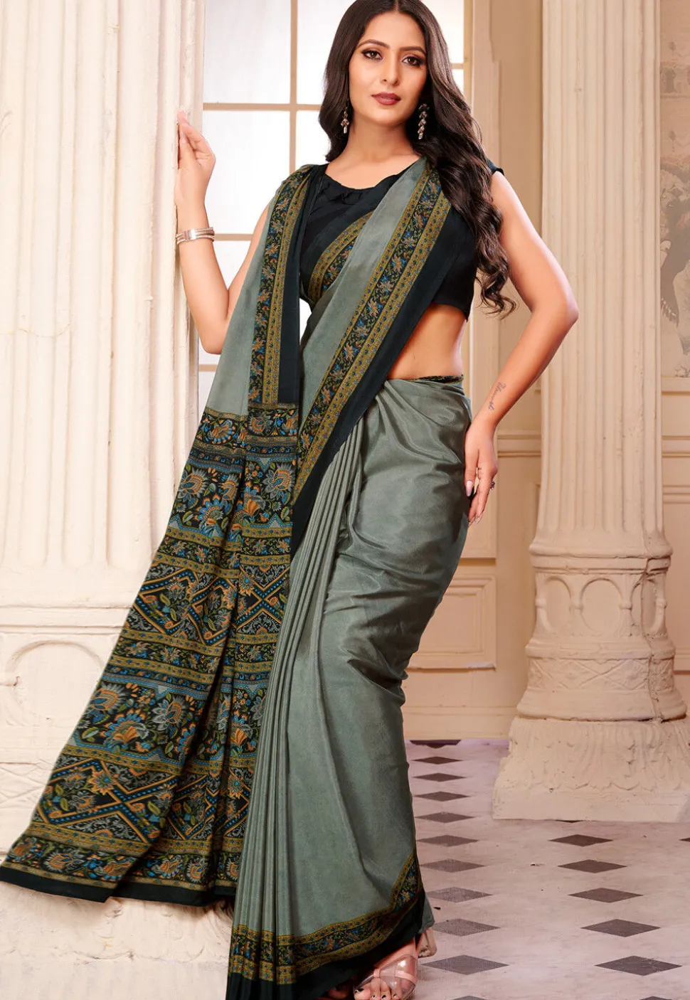 Digital Printed Crepe Saree in Grey