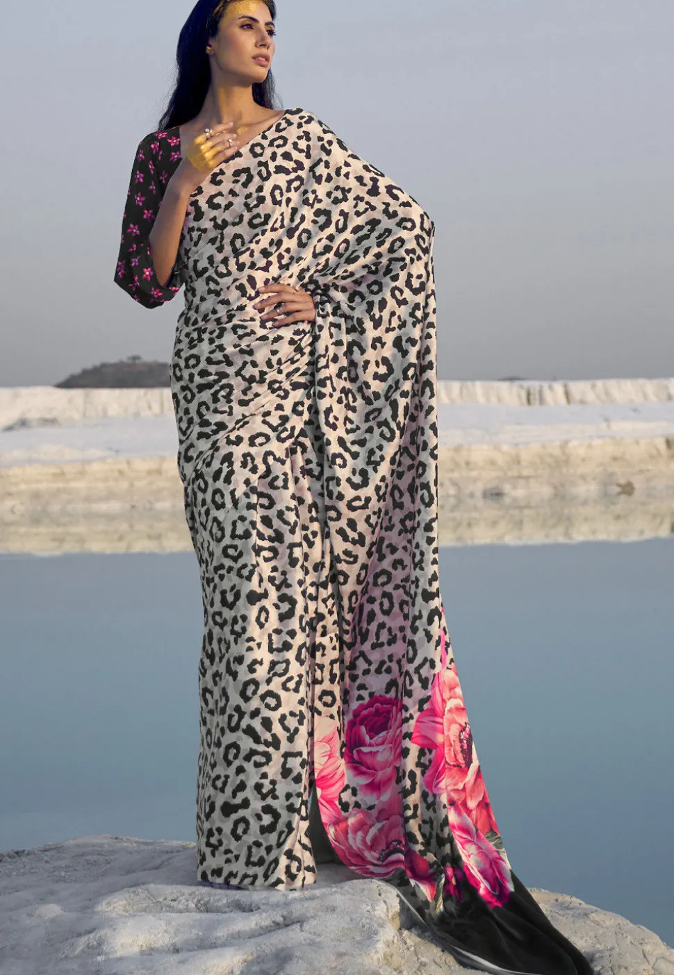 Digital Printed Crepe Saree in Off White
