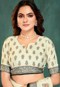 Digital Printed Crepe Saree in Off White