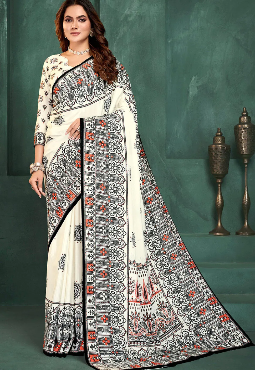 Digital Printed Crepe Saree in Off White