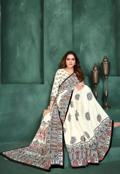 Digital Printed Crepe Saree in Off White
