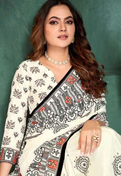 Digital Printed Crepe Saree in Off White