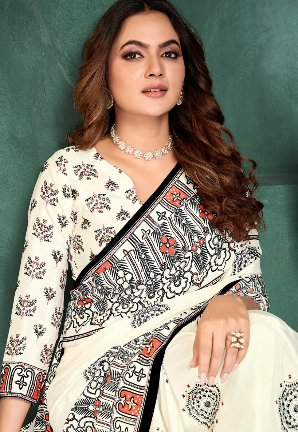 Digital Printed Crepe Saree in Off White