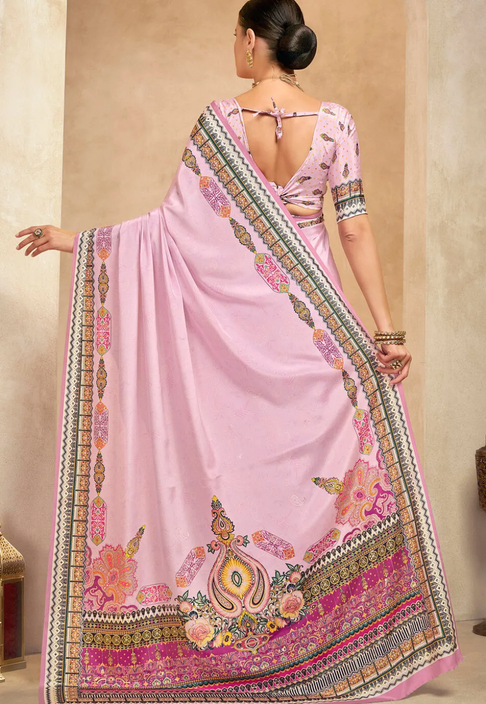 Digital Printed Crepe Saree in Pink
