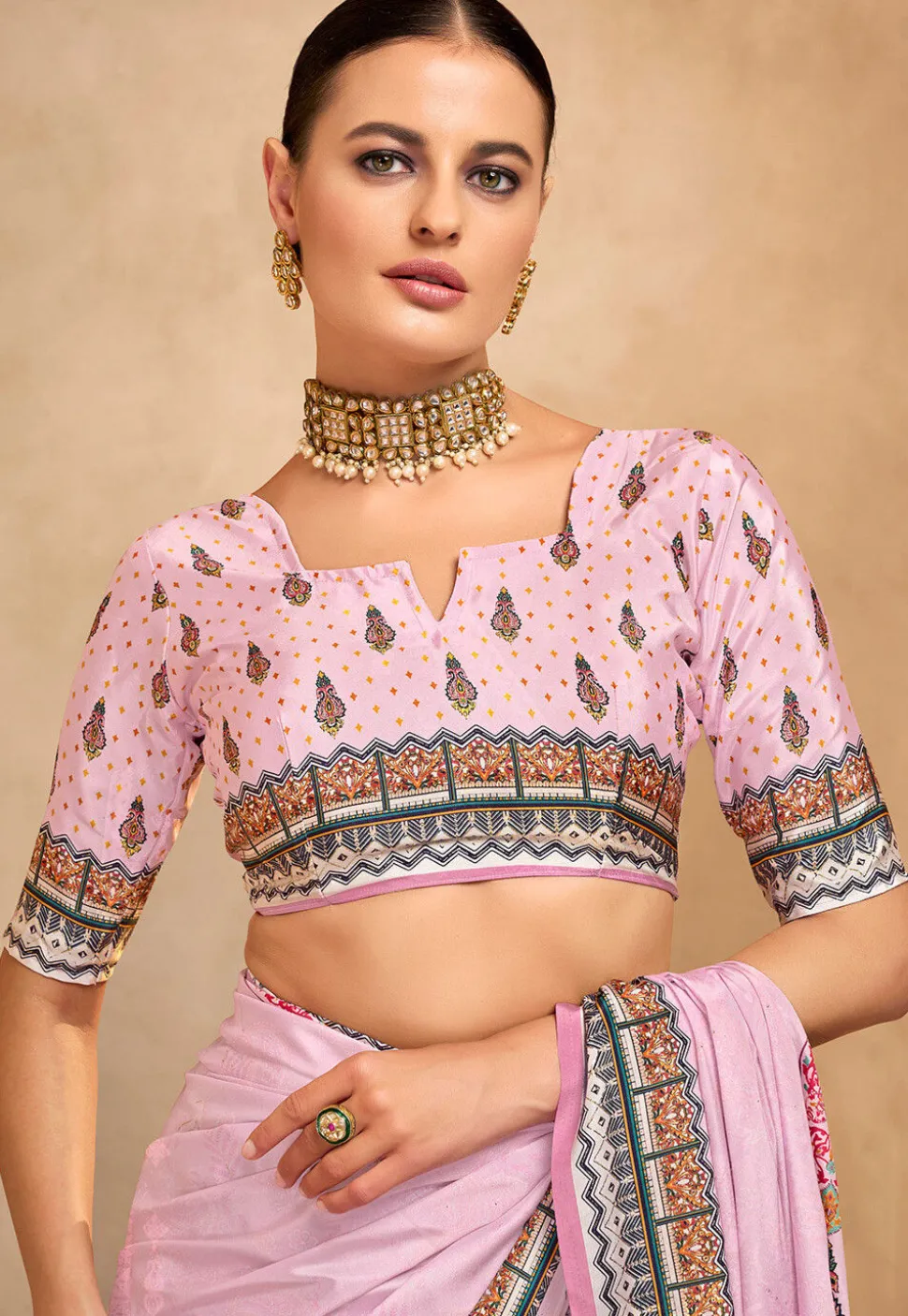 Digital Printed Crepe Saree in Pink