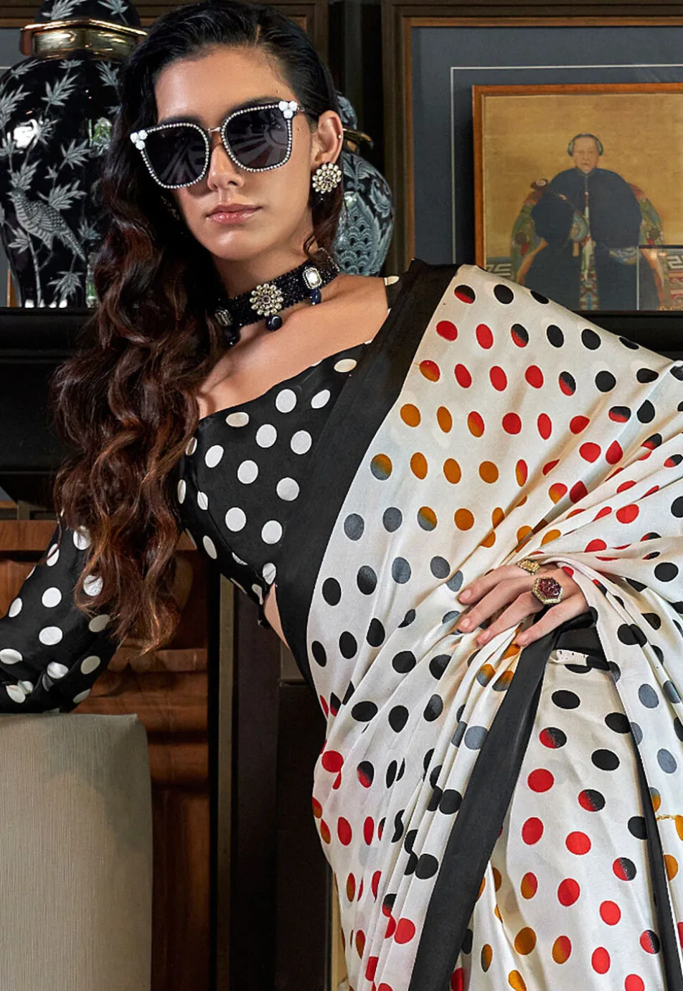 Digital Printed Crepe Saree in Off White